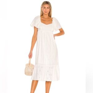 Line & Dot Puff Sleeve Eyelet Ruffle Midi Dress